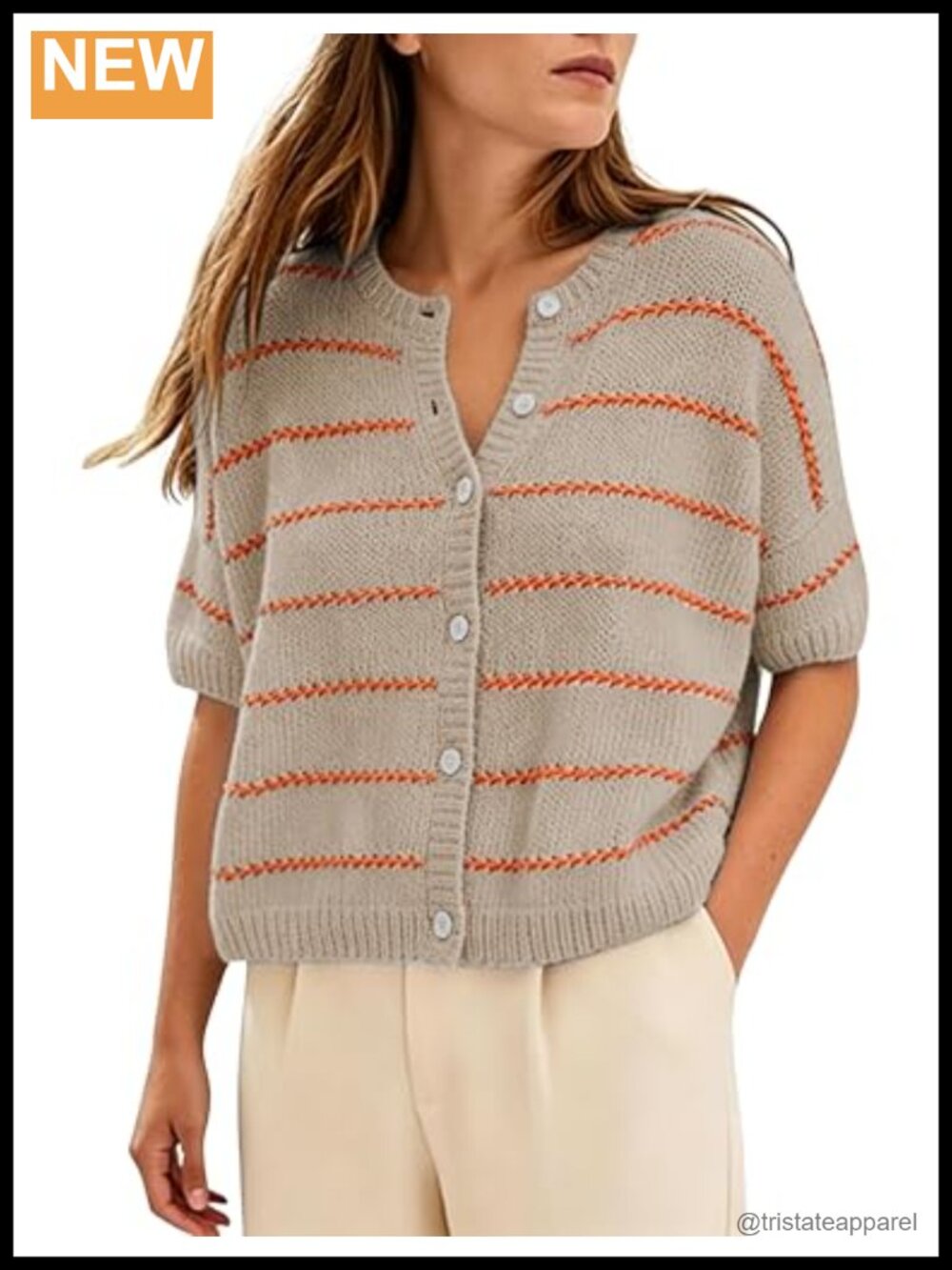 Striped Cropped Knit Cardigan Short Sleeve Lightweight Casual Cotton Blend